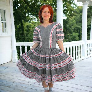 Gingham Western Dress Check Print Black White S